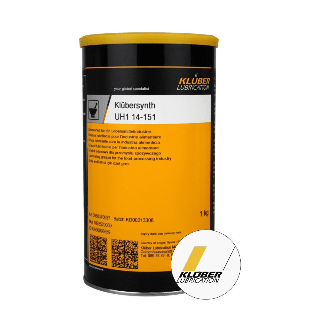 "Image of a 1 kg container of Klübersynth UH1 14-151 lubricating grease, specifically designed for use in the food industry."